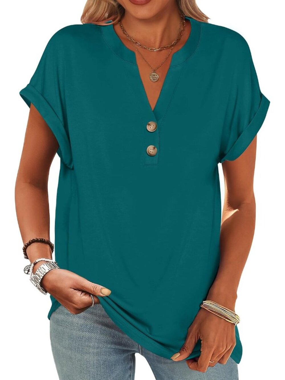 Women's Teal Summer Short Sleeve Henley V Neck Dressy Fashion Top Blouses